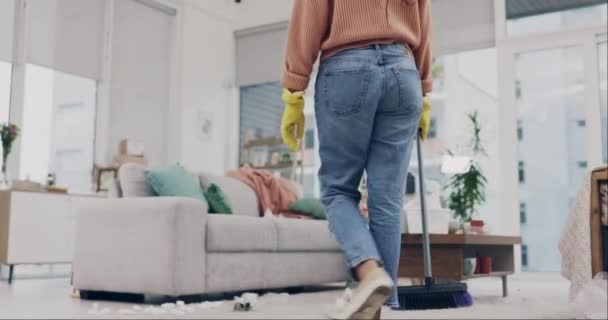 Cleaning, trash and relax with woman on sofa in living room for hygiene, housekeeping and bacteria. Chemicals, sanitary and disinfection with person in apartment home for cleaner, maid and detergent. - Footage, Video