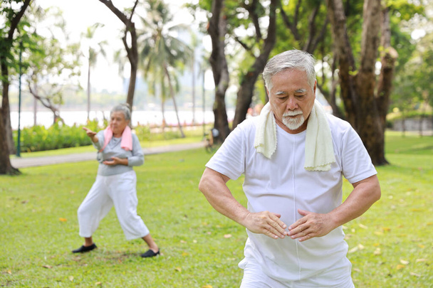 Asian senior couple practice yoga excercise, tai chi tranining, stretching and meditation together with relaxation for healthy in park outdoor after retirement. Happy elderly outdoor lifestyle concept - Photo, Image