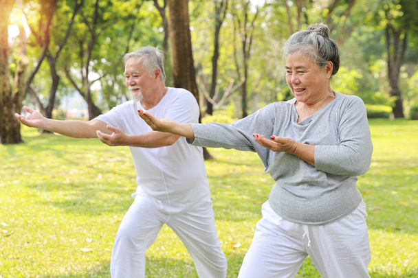 Aasian vanhempi pari käytännössä jooga liikunta, tai chi tranining, venyttely ja meditaatio yhdessä rentoutumista terve puistossa ulkona eläkkeelle jäämisen jälkeen. Iloiset vanhukset ulkona elämäntapa käsite - Valokuva, kuva