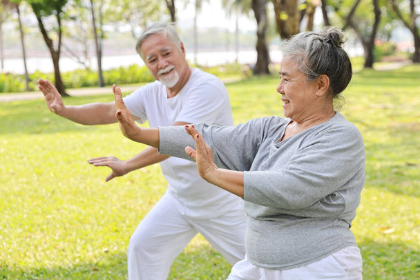Asian senior couple practice yoga excercise, tai chi tranining, stretching and meditation together with relaxation for healthy in park outdoor after retirement. Happy elderly outdoor lifestyle concept - Photo, Image