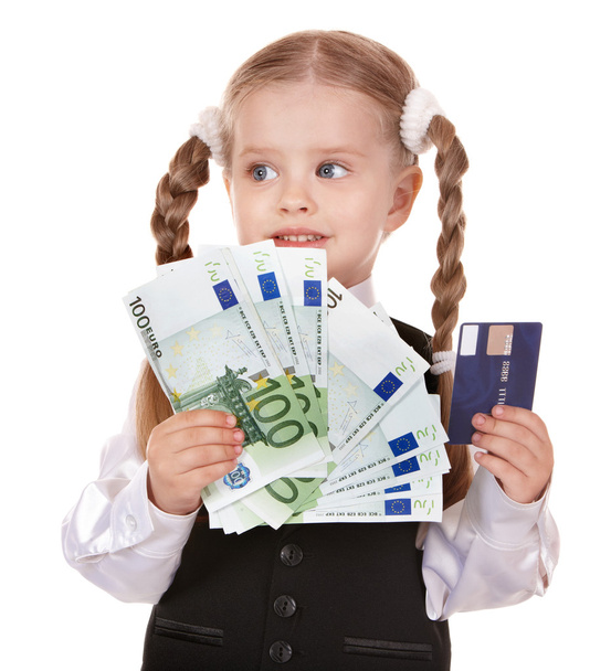 szczęśliwe dziecko z karty pieniądze i credut. - Zdjęcie, obraz