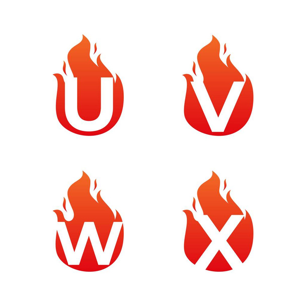 Levél láng a logó cégnek. U V W X logó lángok sablonja, tűz logó kezdőbetűk - Vektor, kép