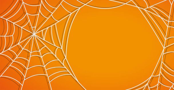 Banner de Halloween. Ilustración vectorial de telaraña blanca sobre fondo naranja - Vector, imagen