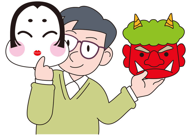 Maskers van Oni en Okame gedragen tijdens Setsubun, traditionele Japanse cultuur - Vector, afbeelding