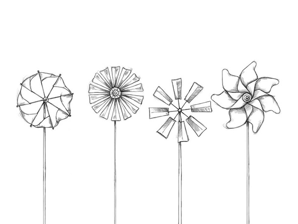 Čtyři různé malé větrníky na bílém pozadí - Fotografie, Obrázek