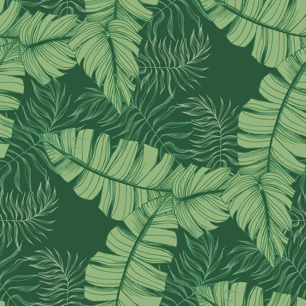 Green tropical seamless pattern background with palm leaves for decor, covers, backgrounds, wallpapers. Collage contemporary floral Modern exotic plants illustration in vector. - Vector, Image