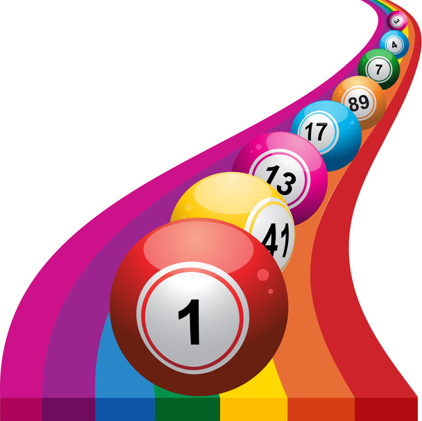 Bingo balls on rainbow background - Vector, Image