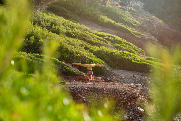 Vue arrière de la jeune femme anonyme en vêtements de sport faisant jambe fendue tout en prenant Adho Mukha Vrikshasana pose dans la nature - Photo, image