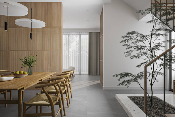 Dining in Style Modern Wooden Table and Chairs next to Indoor Plant for Display - Zdjęcie, obraz