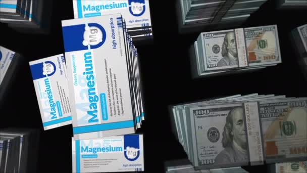 マグネシウムの錠剤箱および米ドル マネーの束の積み重ね. サポート メモリおよび集中の丸薬のパックの生産. 抽象概念3dループ可能なシームレス. - 映像、動画