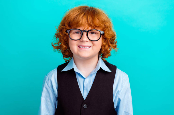 Portrait of cheerful clever friendly schoolkid toothy smile wear shirt vest isolated on turquoise color background. - Φωτογραφία, εικόνα