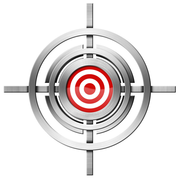 Rot-weißes Ziel in der Mitte eines Metallkreuzes, isoliert auf weißem Hintergrund. 3D-Illustration. - Foto, Bild