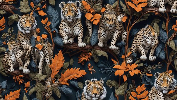 patrón sin costuras con tigre y flores. vector. ilustración - Vector, Imagen