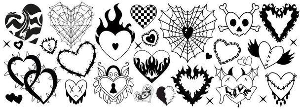 2000 'lerin sevimli emo gotik kalp çıkartmaları, dövme sanat öğeleri. Klasik kara kasvetli kalp. Ürkütücü aşkın Gotik konsepti. vektör illüstrasyonu - Vektör, Görsel