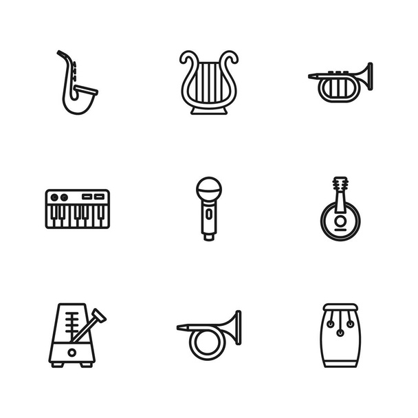 Imposta tromba, banjo, batteria Conga, microfono, sassofono, lira greca antica e icona del sintetizzatore musicale. Vettore - Vettoriali, immagini