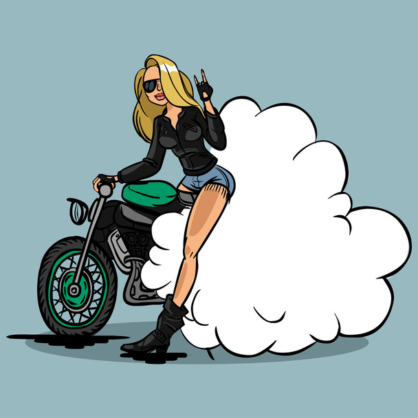 Funny vector cartoon colorfull biker girl in pin-up style isolat - Vector, Image