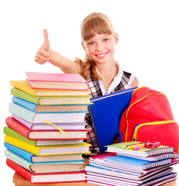 Child with stack of books and showing thumb up. - Photo, Image