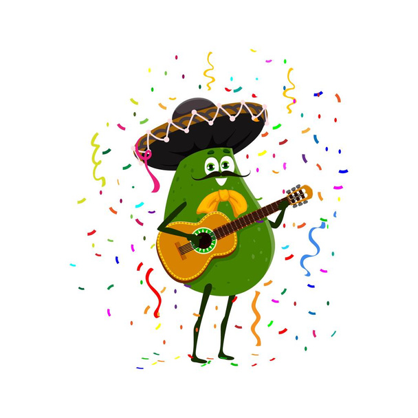 Meksykański muzyk awokado na wakacyjnej imprezie. Urodziny wakacje świętowanie kreskówki izolowane wektor zabawna postać dojrzałe awokado warzyw mariachi muzyk w sombrero kapelusz, gra na gitarze - Wektor, obraz