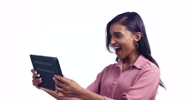 Woman, winner and wow on tablet for news, success or e learning results or opportunity on white background. Young person or student in selfie, announcement or surprise on digital technology in studio. - Footage, Video