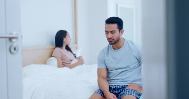 Man, thinking or angry couple on bed with stress problem, breakup crisis or abuse in marriage. Infertility, divorce or frustrated people in conflict for cheating affair, drama or fight in toxic home. - Footage, Video