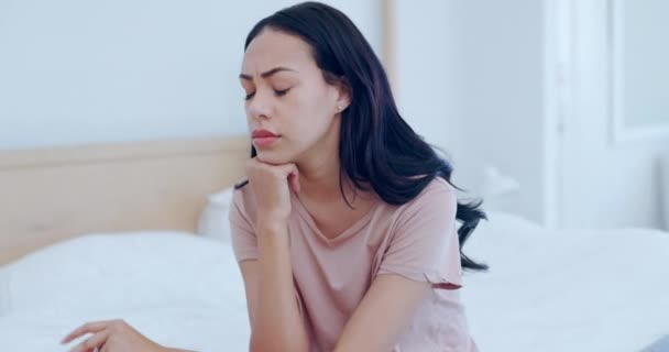 Woman thinking, divorce or angry couple on bed with stress for marriage problem, breakup or abuse. Tired, toxic home or frustrated people in conflict or betrayal of cheating crisis, drama or fight. - Filmati, video