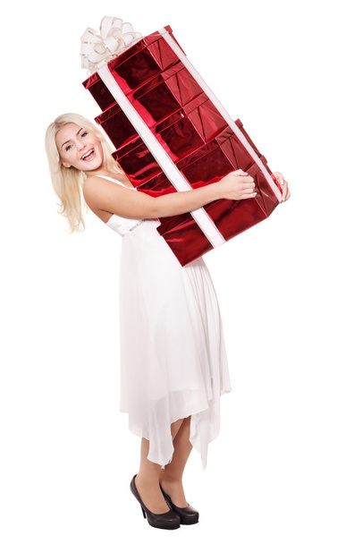 Girl holding stack gift box .. - Foto, Imagem