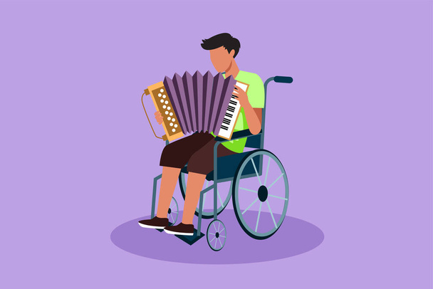 Graphic flat design drawing disability and music. Man in wheelchair playing accordion. Physically disabled, injured body, in hospital. Rehabilitation center patient. Cartoon style vector illustration - Vector, Image