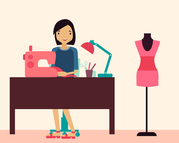 Workplace seamstress. Woman sitting at the table and sewing machine. Vector illustration - Vector, Image
