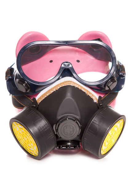 Piggy bank industriële gasmasker dragen - Foto, afbeelding