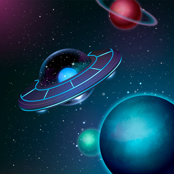 Ufo ruimtevaartuig realistische poster met buitenaards ruimteschip onder planeten vector illustratie - Vector, afbeelding