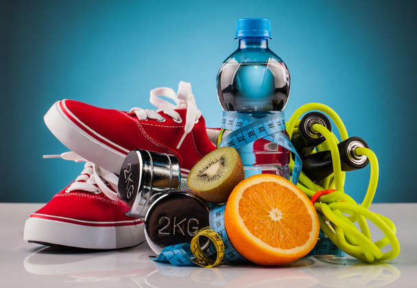 Fitness water and healthy food - Fotoğraf, Görsel