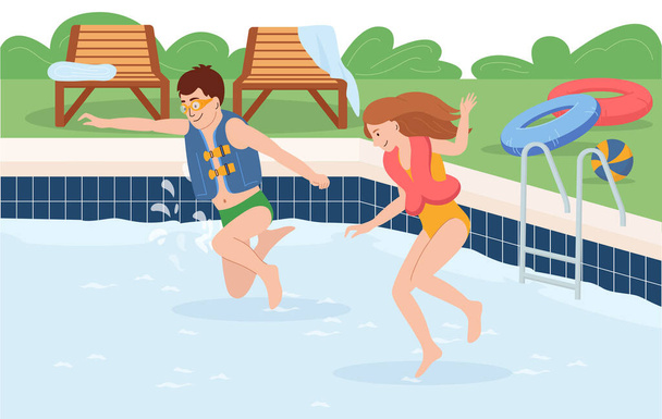 İki çocuğun can yelekleriyle havuza atladığı su güvenliği kompozisyonu düz vektör çizimi. - Vektör, Görsel