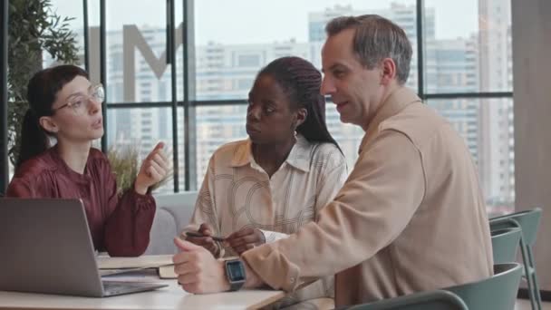 Équipe d'affaires multiethnique discutant de la présentation du projet sur un ordinateur portable assis à une table de café avec vue panoramique - Séquence, vidéo