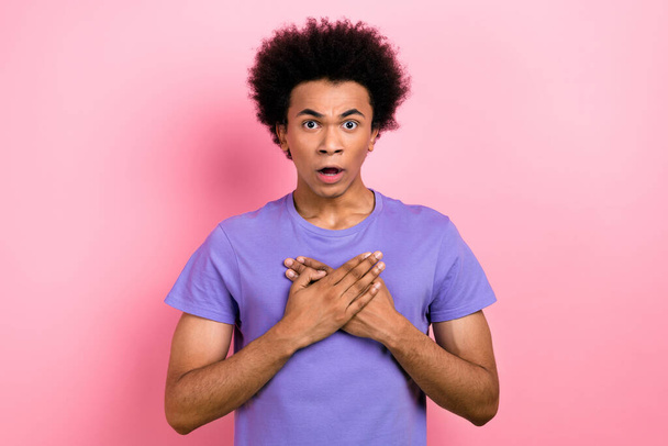 Photo of stressed depressed impressed man confused bad negative news wear purple stylish outfit isolated on pink color background. - Zdjęcie, obraz