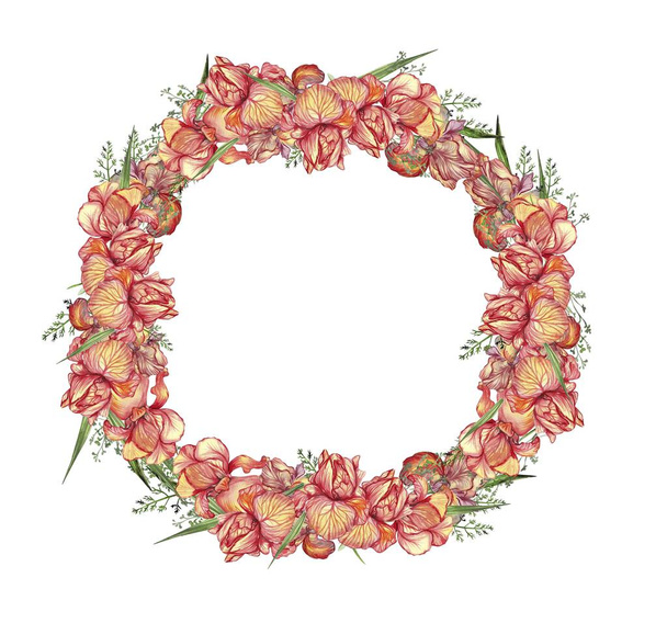 Summer flowers wreath,watercolor illustration for cards,backgrounds. Watercolor illustration for scrapbooking. Cartoon hand drawn background with flower for kids design.Perfect for wedding invitation. - Photo, Image