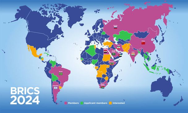 BRICS χάρτης των χωρών το έτος 2024 με νέα μέλη, διεθνή οικονομική οργάνωση, διανυσματική απεικόνιση - Διάνυσμα, εικόνα