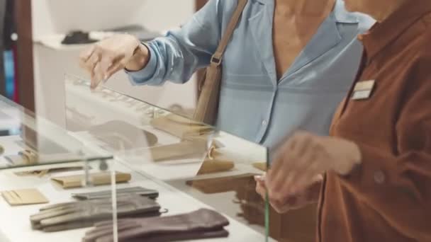 Elegante mujer rubia pidiendo asistente de tienda para tomar la cubierta de pasaporte de cuero fuera de la pantalla de cristal en la tienda de diseño - Metraje, vídeo