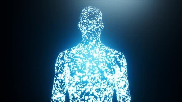Yapay zekanın görüntülenmesi. Neon mavisi parlayan parçacıklardan bir insan figürü ortaya çıkar. Karanlık, soyut bir arkaplan. 3d canlandırma. - Video, Çekim