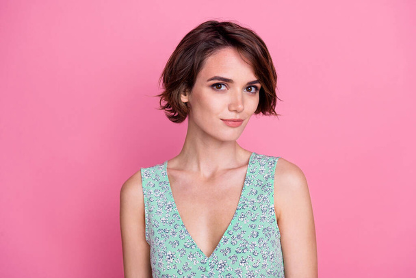 Photo of satisfied positive stunning young girl bob hairstyle floral print tank top isolated on pink color background. - Φωτογραφία, εικόνα