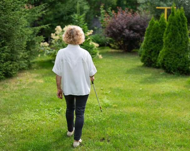 Rear view of an elderly blind woman walking in the park with a tactile cane - Photo, Image