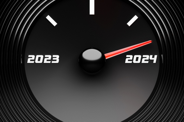 Illustration 3D d'un gros plan détaillé du compteur de vitesse montrant la fin de 2023 et le début de 2024. Compter les mois, le temps jusqu'à la nouvelle oui - Photo, image