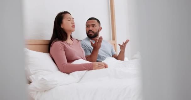 Couple in bed, fight with anger and frustrated, communication fail in marriage and risk of divorce. Stress, angry people in bedroom at home and life crisis, betrayal and broken trust in relationship. - Footage, Video