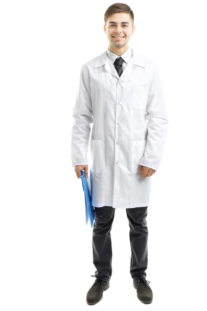 Male Doctor holding clipboard isolated on white - Foto, Imagen