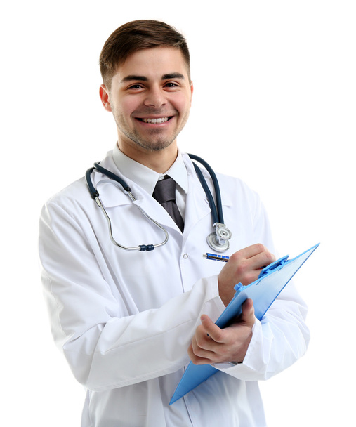 Male Doctor holding clipboard isolated on white - Foto, immagini