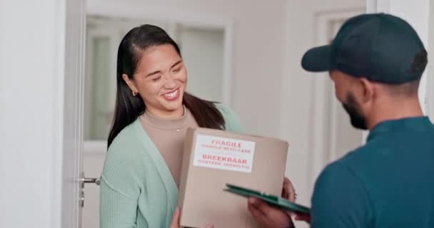 Tablet, woman smile and delivery man at door, package and parcel box in home for ecommerce. Technology, happy and customer talking to courier for online shopping, shipping service or retail logistics. - Footage, Video