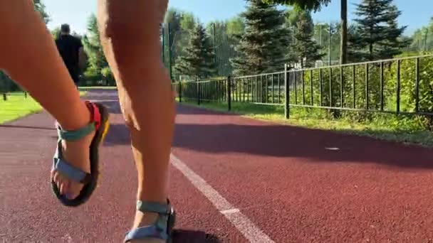Nízká sekce sportovkyně ve sportovní obuvi běžící na místě na běžecké stezce v malebném veřejném parku ve zlatém ranním slunci. 360 stupňové video. Koncept aktivního životního stylu. Kopírovat prostor - Záběry, video