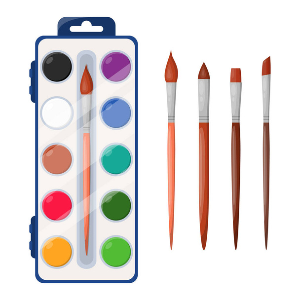 Colored paint and variety brush for art school, office, workshops. Colorful drawing tools for kids, pupils and students. Painting supplies, art party. Back to school and education concept. Vector - Vector, Image