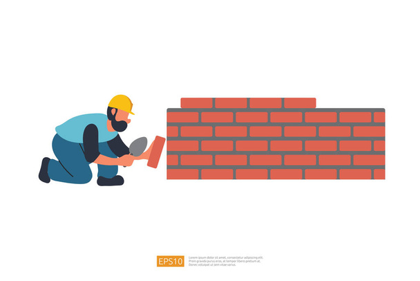 Constructor Hombre Carácter es la construcción de una pared de ladrillo. Ilustración vectorial del trabajador de la construcción - Vector, imagen