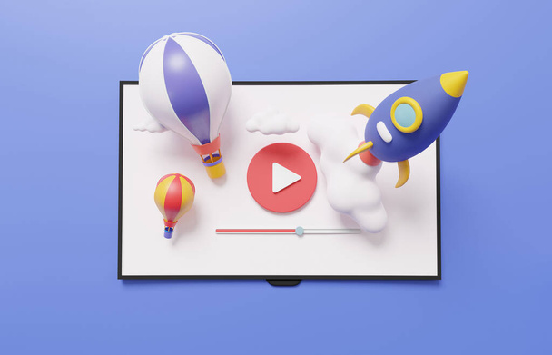 3D smart tv moderna jugando con el globo de la nave espacial flotando sobre fondo pastel. entretenimiento televisión conexión inalámbrica a los medios de comunicación, internet, banner, dibujos animados mínimo. ilustración de renderizado 3d - Foto, Imagen