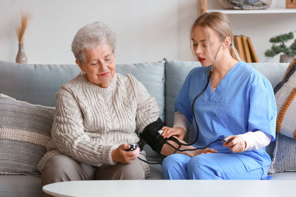 Young caregiver measuring blood pressure of senior woman at home - Photo, Image